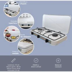 Fornello Gas Gpl 3 Fuochi Bianco Fornellino Da Campeggio Cucina Portatile 57x27 -Barbecue Forniture Negozio 24511373 5