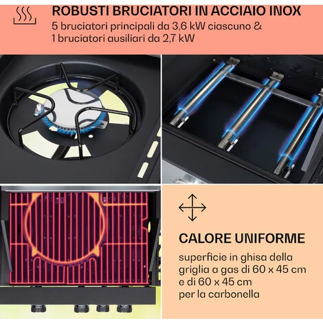 Klarstein Kingsville XL - Griglia Combinata, Gas, Forno Da Pizza, 20,5 KW, 5+1 Bruciatori 7 Klarstein Kingsville XL - Griglia Combinata, Gas, Forno Da Pizza, 20,5 KW, 5+1 Bruciatori - immagine 5