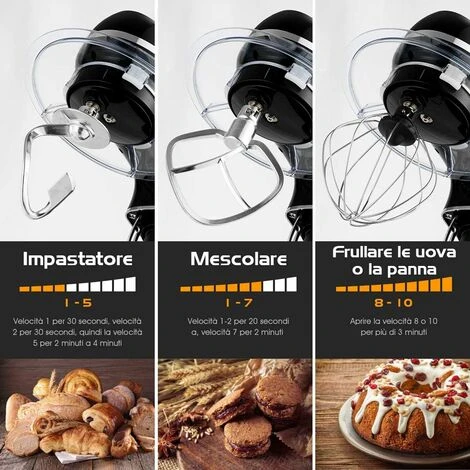 GOPLUS Impastatrice Planetaria Con 3 Fruste,1300 W,10 Velocità Variabile,5,5L, Acciaio Inossidabile, Resistente E Multifunzionale, Con Ciotola E Coperchio, Robot Da Cucina Professionale (Nero) 5 GOPLUS Impastatrice Planetaria Con 3 Fruste,1300 W,10 Velocità Variabile,5,5L, Acciaio Inossidabile, Resistente E Multifunzionale, Con Ciotola E Coperchio, Robot Da Cucina Professionale (Nero) - immagine 3