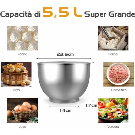GOPLUS Impastatrice Planetaria Con 3 Fruste,1300 W,10 Velocità Variabile,5,5L, Acciaio Inossidabile, Resistente E Multifunzionale, Con Ciotola E Coperchio, Robot Da Cucina Professionale (Nero) 6 GOPLUS Impastatrice Planetaria Con 3 Fruste,1300 W,10 Velocità Variabile,5,5L, Acciaio Inossidabile, Resistente E Multifunzionale, Con Ciotola E Coperchio, Robot Da Cucina Professionale (Nero) - immagine 4