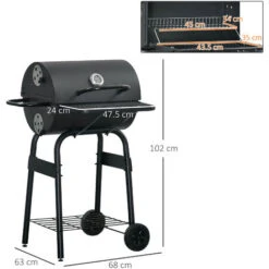 Outsunny Barbecue A Carbone Con Coperchio, Termometro, Mensole E Ruote, 68x63x102cm, Nero -Barbecue Forniture Negozio 54558145 3