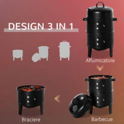 Outsunny Barbecue A Carbone 3 In 1 Con Coperchio, Termometro E 3 Livelli Indipendenti, In Acciaio Nero -Barbecue Forniture Negozio 54558151 4