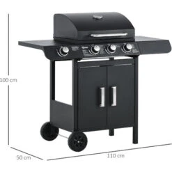 Outsunny Barbecue A Gas Con Coperchio, 4 Bruciatori Da 11.6kW, Fornello, Mensola E 2 Ruote, 110x50x100cm Nero -Barbecue Forniture Negozio 55054594 3