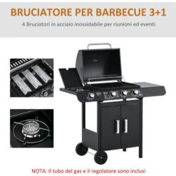 Outsunny Barbecue A Gas Con Coperchio, 4 Bruciatori Da 11.6kW, Fornello, Mensola E 2 Ruote, 110x50x100cm Nero -Barbecue Forniture Negozio 55054594 5