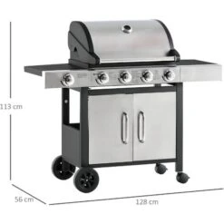 Outsunny Barbecue Gas Con Coperchio E 5 Bruciatori Da 15.2kW E 4 Ruote, 128x50x113cm -Barbecue Forniture Negozio 55054595 3