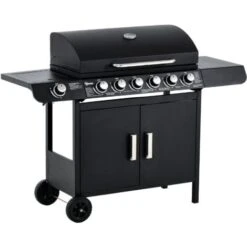 Outsunny Barbecue A Gas Con Coperchio, 7 Bruciatori Da 20kW, Fornello Laterale E 2 Ruote, 135x50x100cm Nero