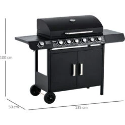 Outsunny Barbecue A Gas Con Coperchio, 7 Bruciatori Da 20kW, Fornello Laterale E 2 Ruote, 135x50x100cm Nero -Barbecue Forniture Negozio 59115654 3