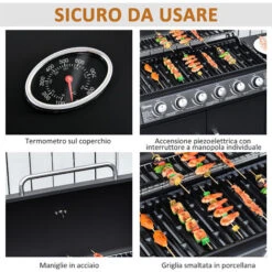 Outsunny Barbecue A Gas Con Coperchio, 7 Bruciatori Da 20kW, Fornello Laterale E 2 Ruote, 135x50x100cm Nero -Barbecue Forniture Negozio 59115654 4