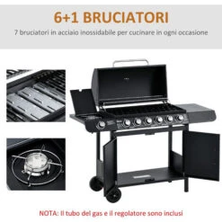Outsunny Barbecue A Gas Con Coperchio, 7 Bruciatori Da 20kW, Fornello Laterale E 2 Ruote, 135x50x100cm Nero -Barbecue Forniture Negozio 59115654 5