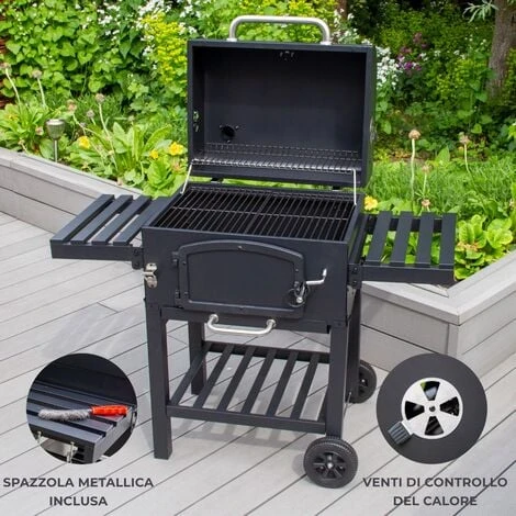 BBQ Barbecue Affumicatore Barbeque Da Giardino Carbonella Forno Regolabile Con 4 Ventole Termometro Ripiani Laterali Ganci Apribottiglie Ruote Copertura Antipioggia Spazzola Metallica - XL 3 BBQ Barbecue Affumicatore Barbeque Da Giardino Carbonella Forno Regolabile Con 4 Ventole Termometro Ripiani Laterali Ganci Apribottiglie Ruote Copertura Antipioggia Spazzola Metallica - XL