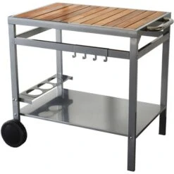 AVEIRO - Carrello Da Esterno Su Ruote Per Plancha - Legno Metallo - Due Livelli - Vassoio Piano In Legno - Legno E Argento