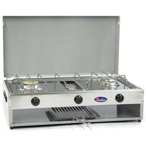 Fornello A Gas Gpl / Metano A 2 Fuochi Pianale In Acciaio Inox Bruciatore Grill Da 1,5 Kw Cfparker Mod. 552G Colore: Grigio Gpl 3 Fornello A Gas Gpl / Metano A 2 Fuochi Pianale In Acciaio Inox Bruciatore Grill Da 1,5 Kw Cfparker Mod. 552G Colore: Grigio Gpl