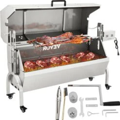 VEVOR Girarrosto Elettrico 40W In Acciaio Inox Con Griglia Forchetta Per Agnello Tacchino Pollo Da Esterno Campeggio Carico Max. 60kg, Set Girarrosto Elettrico Con Coperchio Maniglia In Acciaio Inox