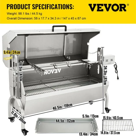 VEVOR Girarrosto Elettrico 40W In Acciaio Inox Con Griglia Forchetta Per Agnello Tacchino Pollo Da Esterno Campeggio Carico Max. 60kg, Set Girarrosto Elettrico Con Coperchio Maniglia In Acciaio Inox 4 VEVOR Girarrosto Elettrico 40W In Acciaio Inox Con Griglia Forchetta Per Agnello Tacchino Pollo Da Esterno Campeggio Carico Max. 60kg, Set Girarrosto Elettrico Con Coperchio Maniglia In Acciaio Inox - immagine 2