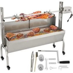 VEVOR Girarrosto Elettrico 40W In Acciaio Inox Con Griglia Forchetta Per Agnello Tacchino BBQ Esterno Da Campeggio Carico Max. 60kg, Set Girarrosto Elettrico Con Parabrezza Per Barbecue Agnello Pollo