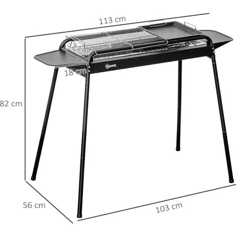 Outsunny Barbecue A Carbonella Con Griglia E Piastra In Acciaio Con Ripiani Laterali, 113x59x83.5cm, Nero 5 Outsunny Barbecue A Carbonella Con Griglia E Piastra In Acciaio Con Ripiani Laterali, 113x59x83.5cm, Nero - immagine 3