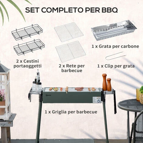 Outsunny Barbecue A Carbonella Con 2 Griglie E Cestini Laterali, 77x30x70cm, Verde Scuro 6 Outsunny Barbecue A Carbonella Con 2 Griglie E Cestini Laterali, 77x30x70cm, Verde Scuro - immagine 4