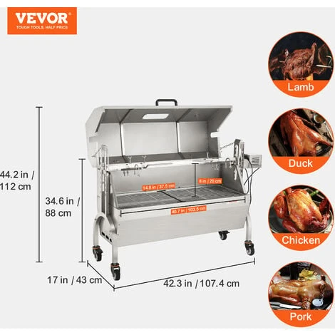 VEVOR Girarrosto Spiedo BBQ Con Coperchio 50W In Acciaio Inox Manuale/Elettrico Capienza Max. 60kg Altezza Regolabile 19-43,2cm, Kit Di Girarrosto Spiedo Per BBQ Festa Evento Esterno Lunghezza 117 Cm 4 VEVOR Girarrosto Spiedo BBQ Con Coperchio 50W In Acciaio Inox Manuale/Elettrico Capienza Max. 60kg Altezza Regolabile 19-43,2cm, Kit Di Girarrosto Spiedo Per BBQ Festa Evento Esterno Lunghezza 117 Cm - immagine 2